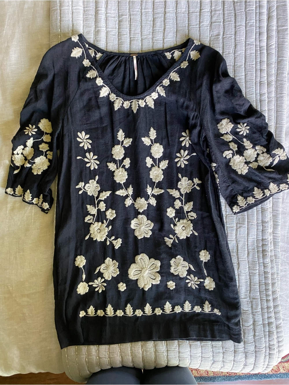 Free People Black Dress with Ivory Floral Embroidery